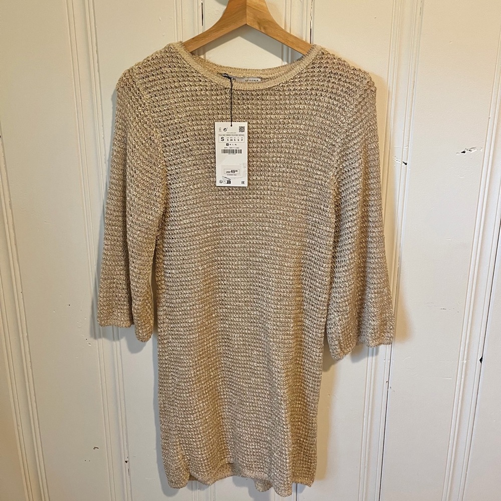 Zara Women's Tan Knit Bell Sleeve Mini Dress with Sparkle Detail